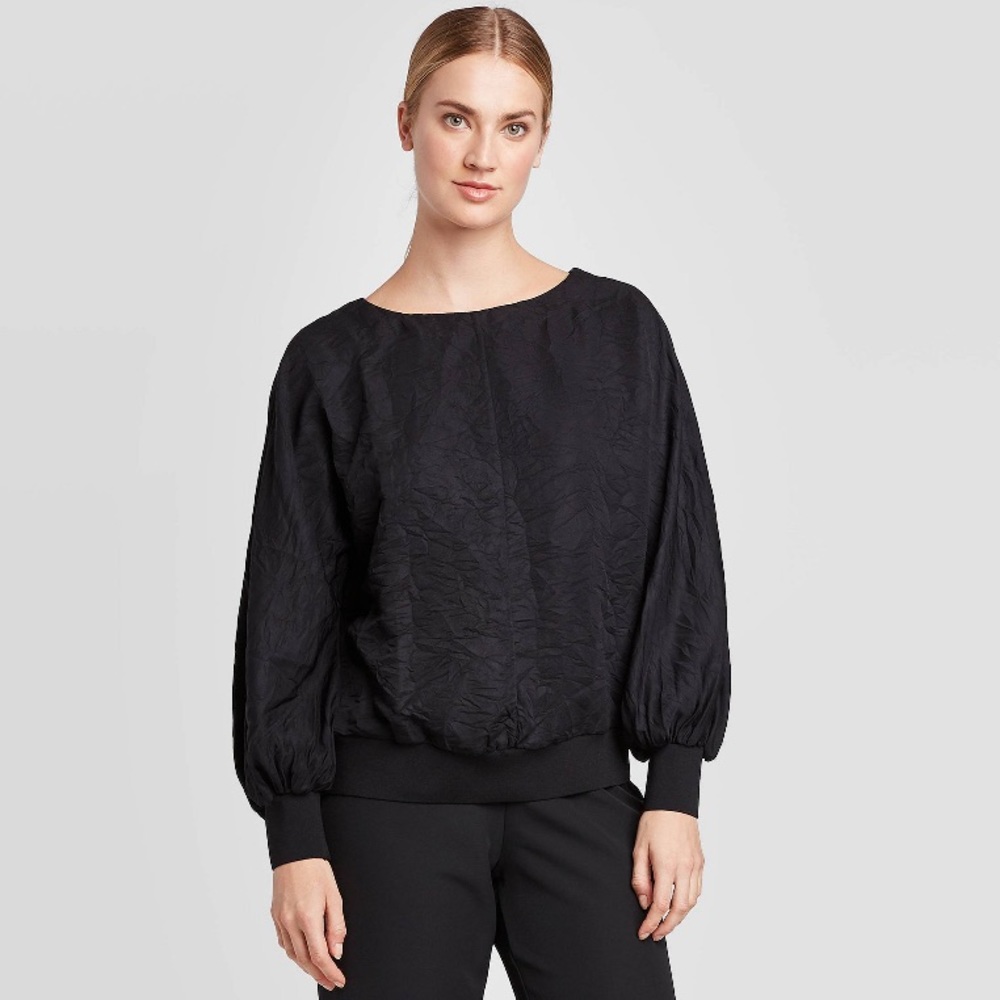 Textured Blouson Long Sleeve Black Blouse